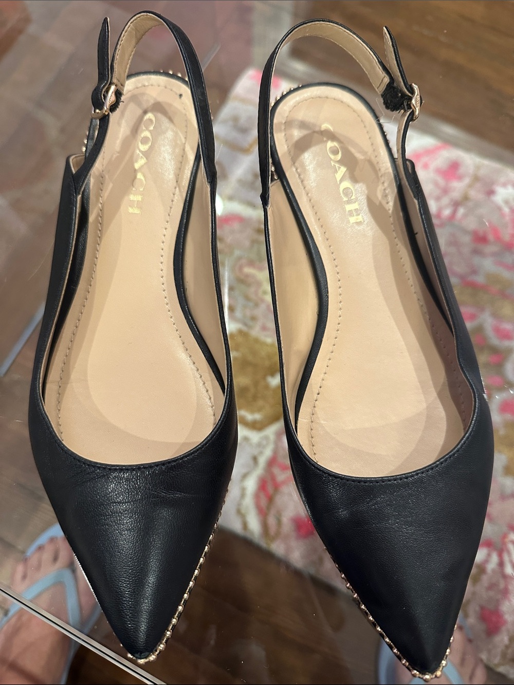 Coach Black Leather Pointed Slingback Flats with Gold Trim